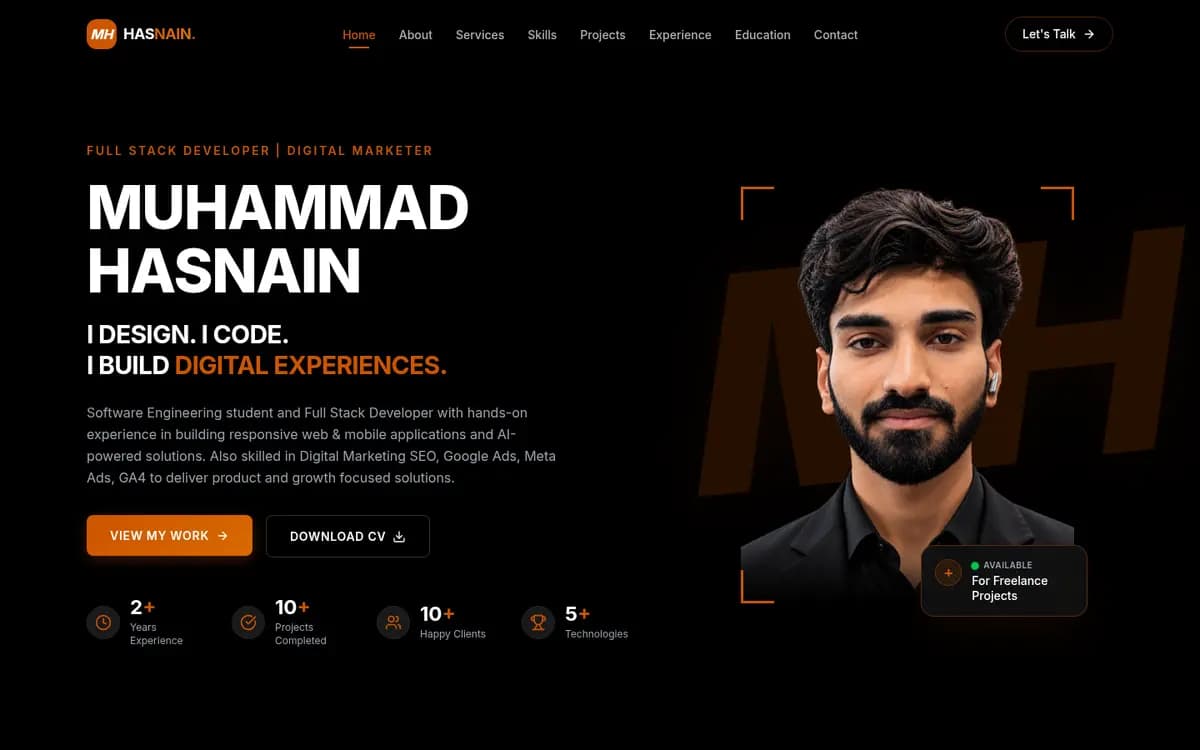 Portfolio Website — Next.js 16, TypeScript, Tailwind CSS 4, Framer Motion, shadcn/ui — featured project by Syed Muhammad Hasnain Abdi, Full Stack Developer