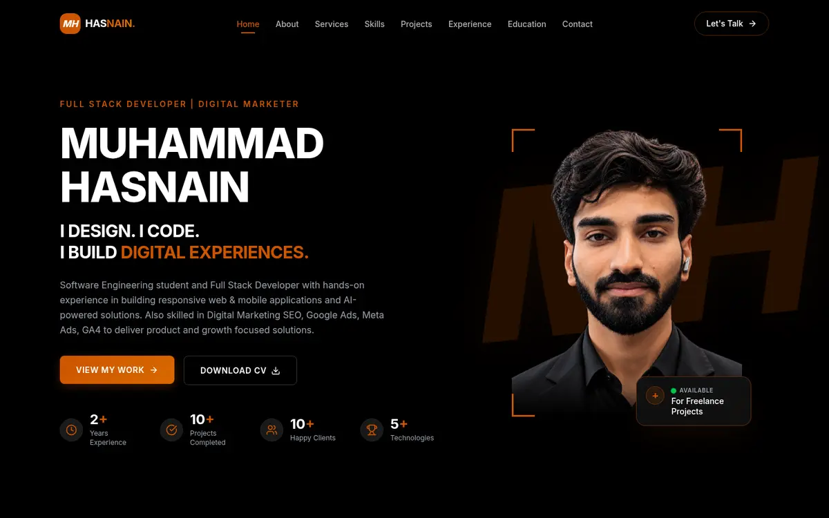Portfolio Website — Web Application by Syed Muhammad Hasnain Abdi, Full Stack & AI Developer in Karachi, Pakistan — featured project screenshot